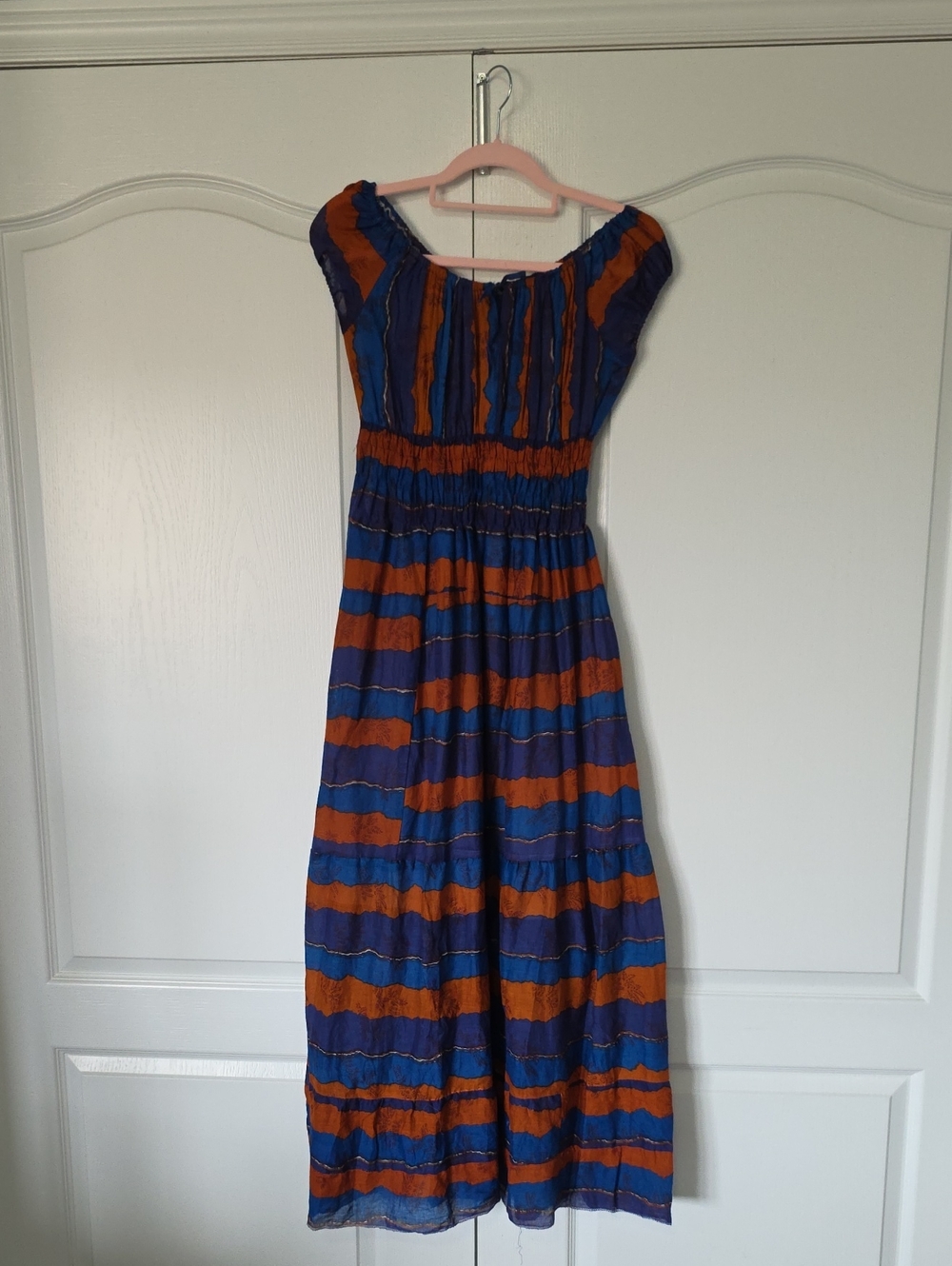 Blue and Rust Striped Off-Shoulder Maxi Dress